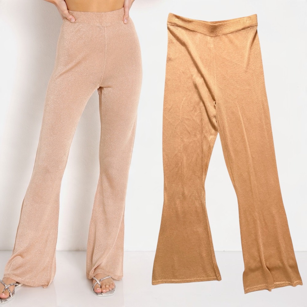 L*SPACE Flare Pants Gold Metallic Lurex Open Knit Beach Cover Up Large